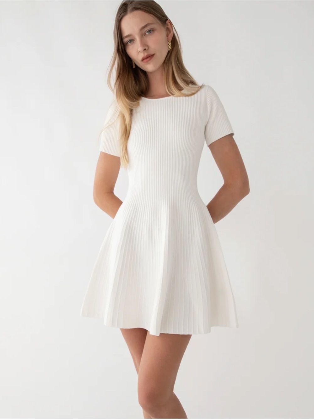 OAK + FORT Ivory Ribbed Short-Sleeve Mini Dress